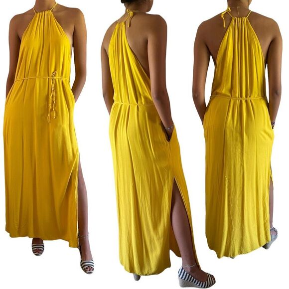 Urban Outfitters Dresses & Skirts - Urban Outfitters Halter Maxi Sun Dress Oversize XS Sleevless Slit Pockets Yellow
